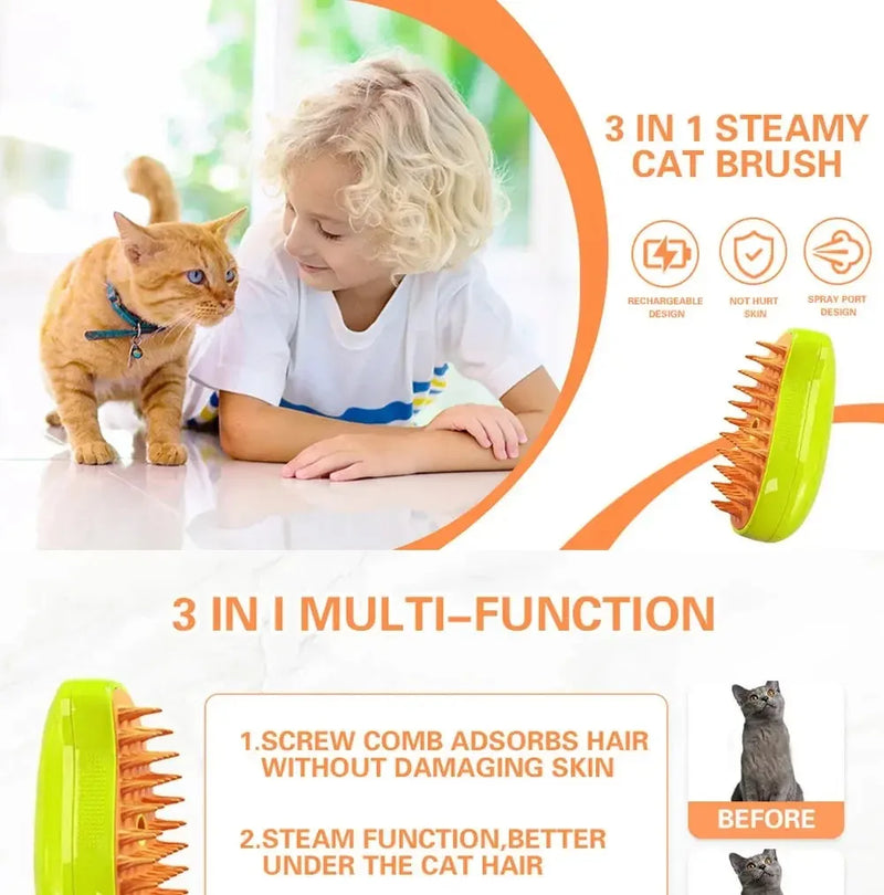 3-in-1 Cat & Dog Steamy Brush – Electric Pet Grooming Tool with Sprayer & Massage Comb