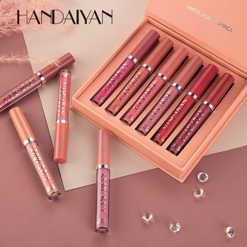 HANDAIYAN 6-Piece Liquid Velvet Matte Lip Gloss Set – Long Lasting Red & Nude Lipsticks for Women