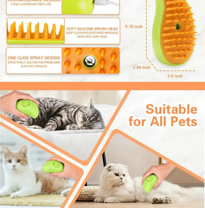 3-in-1 Cat & Dog Steamy Brush – Electric Pet Grooming Tool with Sprayer & Massage Comb