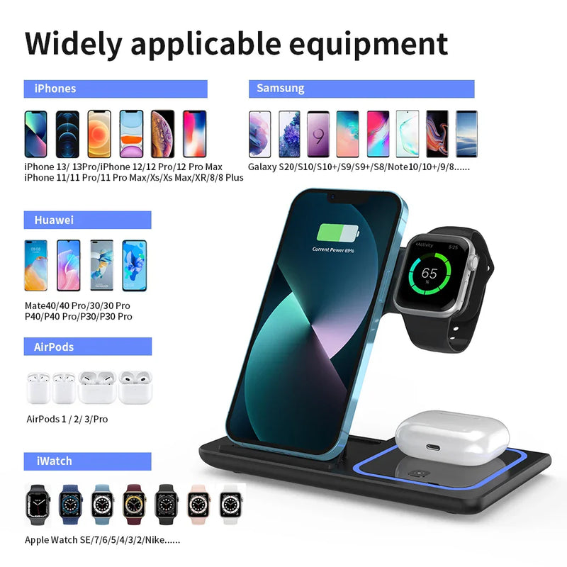 30W LED Fast Wireless Charger Stand – 3-in-1 Foldable Charging Station for iPhone, Apple Watch & AirPods